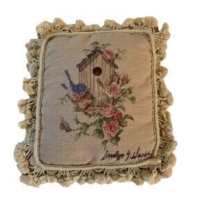 Needlepoint Pillow Birdhouse Blue Birds by Carolyn Wright 13" X 11" Tassel Trim